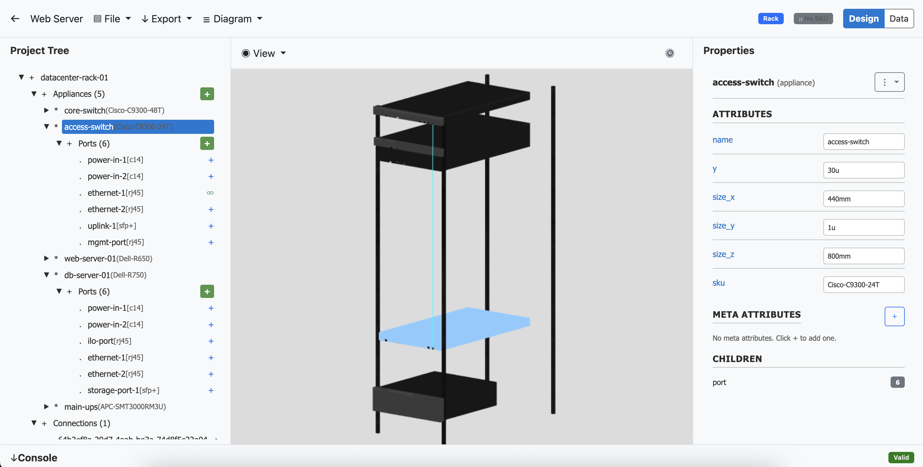 A screenshot of a 3D datacenter rack containing various servers and connections